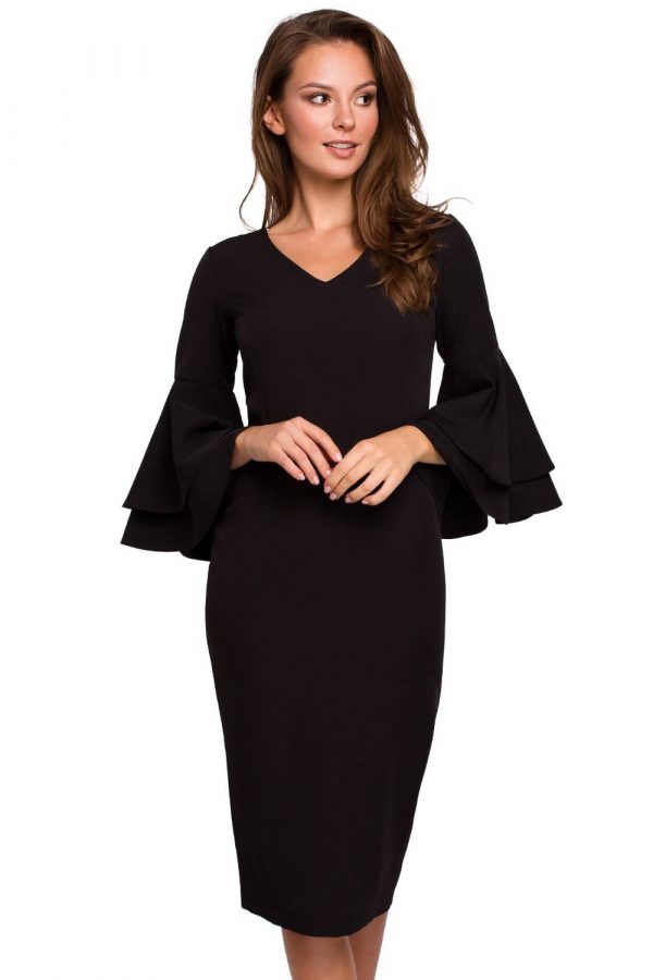 Sukienka elegancka wieczorowa midi z bufiastymi rękawami czarna.