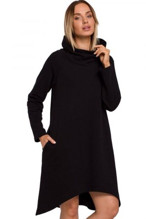 Sukienka trapezowa midi asymetryczna dzianinowa z bawełny czarna.