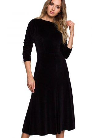 Sukienka elegancka welurowa midi rozkloszowana z rękawem 3/4 czarna.