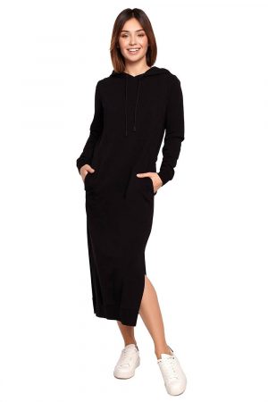Długa sukienka jak bluza z kapturem i kieszeniami bawełniana czarna.