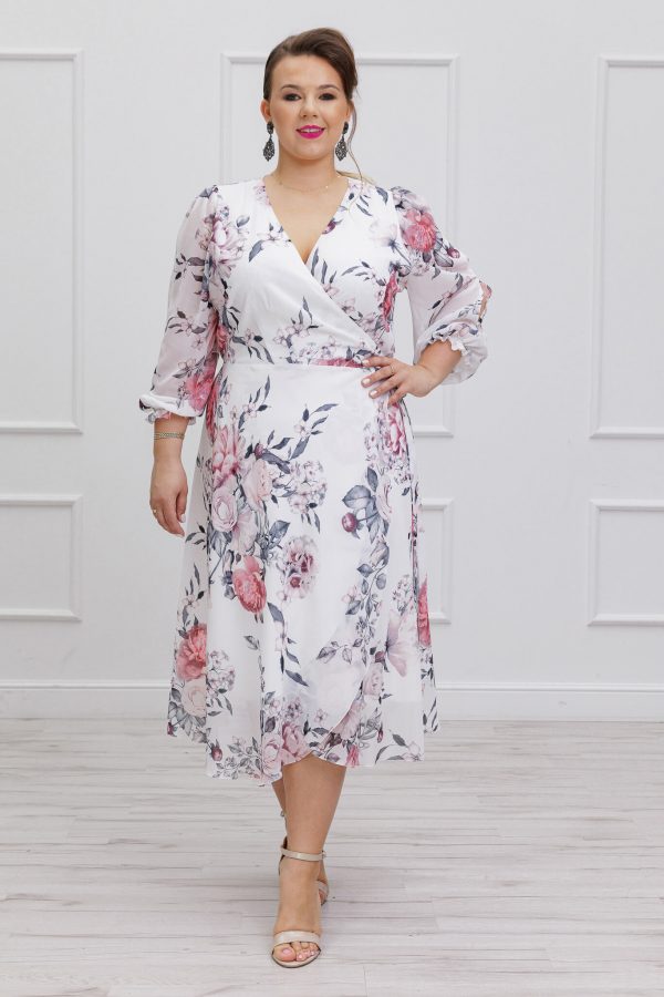 Elegancka szyfonowa sukienka Nikol w kwiaty na wesele plus size.