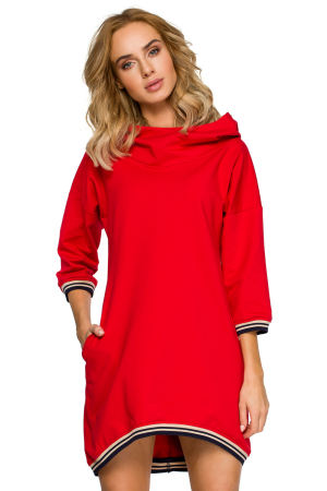 Sukienka sportowa z kapturem i kieszeniami asymetryczna mini czerwona.
