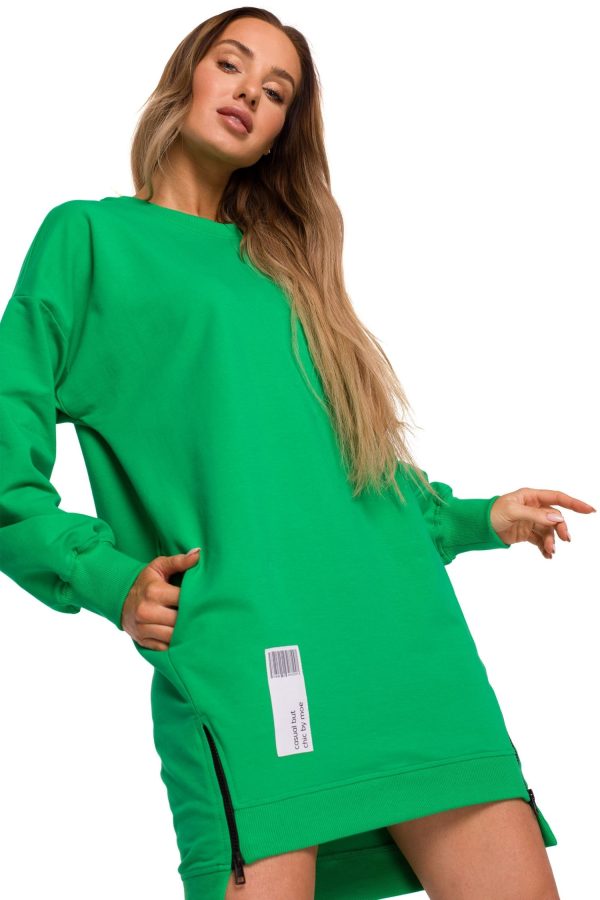 Sukienka bluza oversize asymetryczna bawełniana z zamkami zielona.