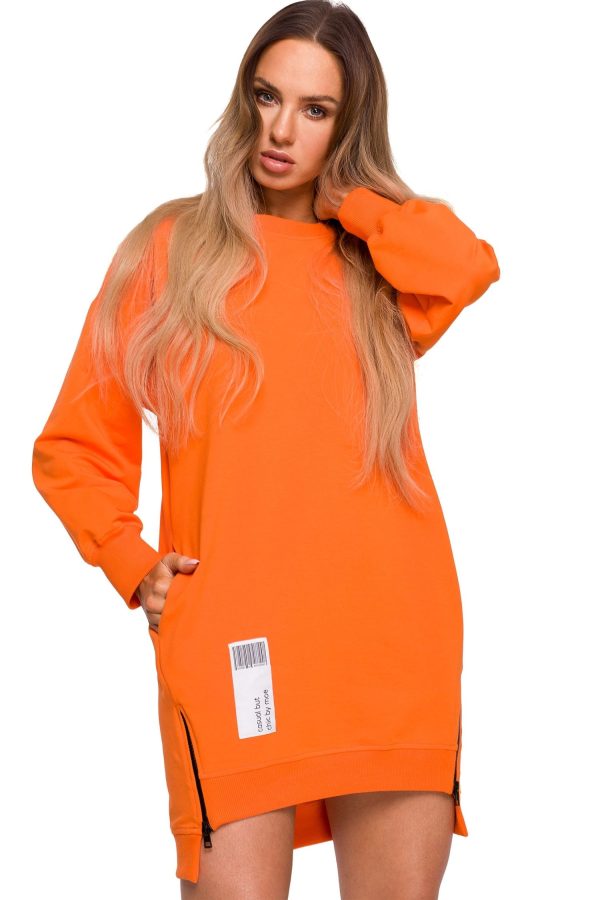 Sukienka bluza oversize asymetryczna bawełniana z zamkami pomarańczowa.