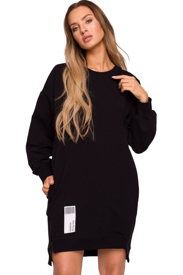 Sukienka bluza oversize asymetryczna bawełniana z zamkami czarna.