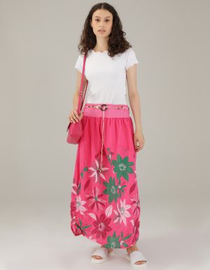 LNIANA SPÓDNICA W KWIATY 277-5025 FUXIA.