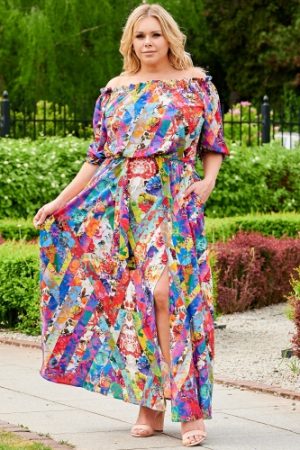 Sukienka długa hiszpanka letnia z rozcięciem ASTRA kolorowe asymetryczne kwiaty.