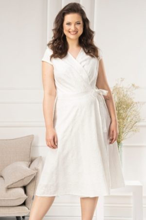 Sukienka z naturalnej tkaniny ażurowa letnia z wiązaniem RAFAELA ecru.