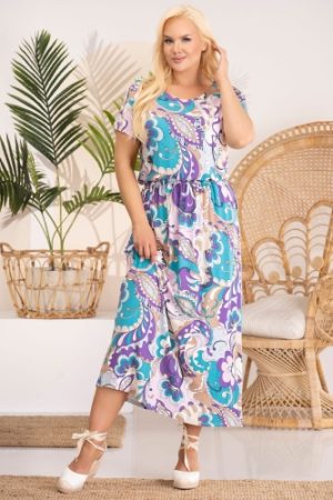 Sukienka letnia przewiewna dzianina wiskozowa IWONA niebiesko-fioletowe wzory.