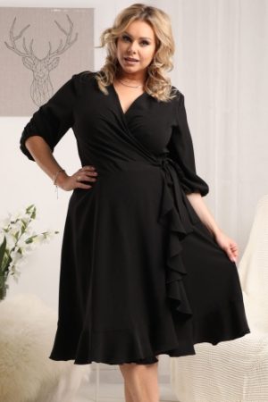 Sukienka wieczorowa kopertowa elegancka z falbanką IRIS wiązana czarna.