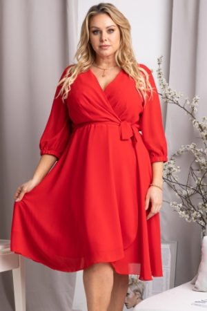 Sukienka ekskluzywna szyfonowa kopertowa rozkloszowana plus size NATALY czerwona.