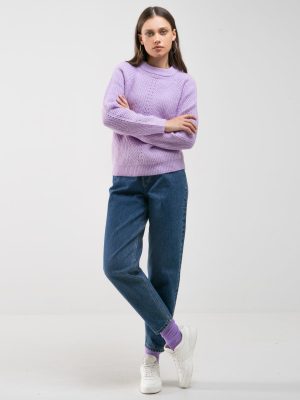 Sweter damski z ozdobnym splotem jasnofioletowy Pikulina 500. Vintage.