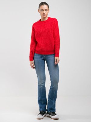 Sweter damski z ozdobnym splotem czerwony Pikulina 603. Vintage.