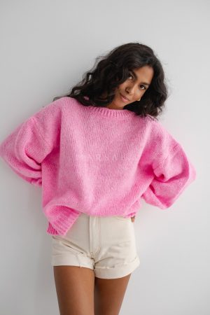 Sweter oversize z bufiastym rękawem NEON PINK - RIVERO-UNI. Vintage.