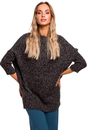 Sweter damski oversize z wełną melanżowy szary grafitowy. Vintage.