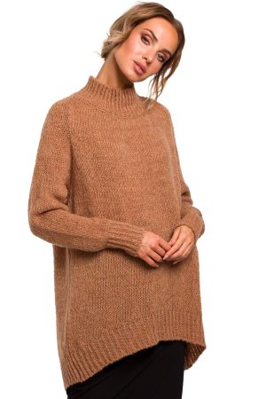 Sweter damski oversize asymetryczny sweter z wełną brązowy. Vintage.