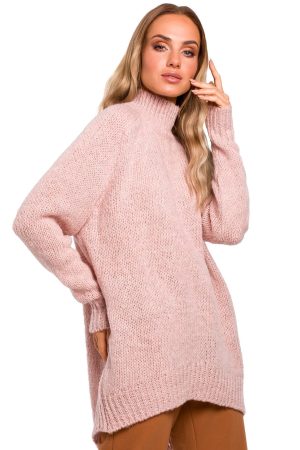 Sweter damski oversize asymetryczny sweter z wełną pudrowy róż. Vintage.