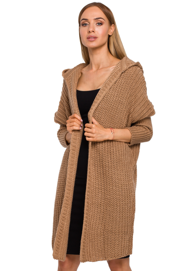 Długi sweter damski kardigan oversize z kapturem beżowy. Vintage.
