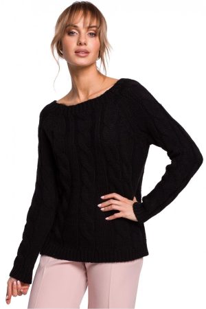 Sweter damski ażurowy ze splotem typu warkocz czarny. Vintage.