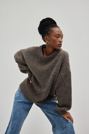 Sweter oversize z bufiastym rękawem w kolorze BROWN MELANGE - RIVERO-UNI. Vintage.