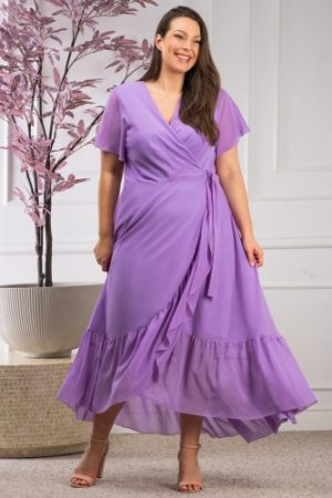 Sukienka GRACE elegancka kopertowa z falbaną GRACE lila.