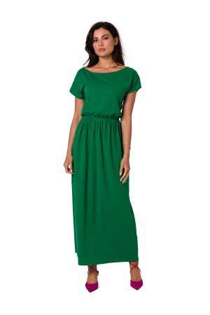 Długa sukienka bawełniana z gumą w pasie zielona.