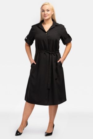 Sukienka modna wysmuklająca elegancka trapezowa z paskiem SILVIA czarna.