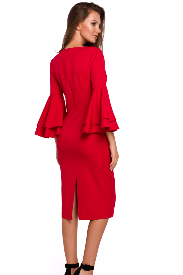 Sukienka na wesele elegancka midi z bufiastymi rękawami czerwona.