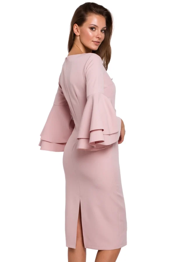 Sukienka na wesele elegancka midi z bufiastymi rękawami pudrowy róż.