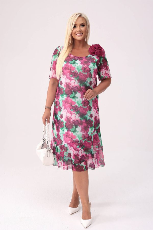 Elegancka szyfonowa sukienka Maria w kwiaty z falbankami na wesele PLUS SIZE XXL.