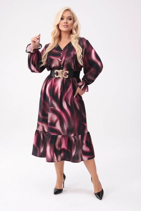 Elegancka sukienka Selena z falbaną o długości MIDI w odcieniach burgundu PLUS SIZE XXL OVERSIZE.