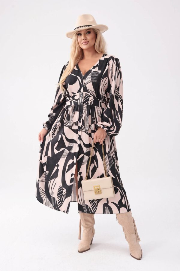 Beżowa sukienka Gabriela - elegancja w nowoczesnej formie w geometryczny wzór PLUS SIZE XXL OVERSIZE.