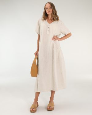 LNIANA BEŻOWA SUKIENKA.