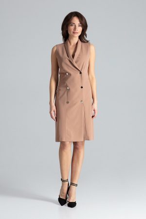 Elegancka żakietowa sukienka z kopertowym dekoltem bezowa.