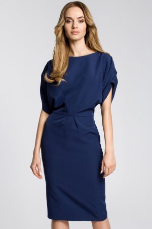 Sukienka elegancka ołówkowa kimonowa z bufiastymi rękawami granatowa.