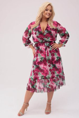 Szyfonowa sukienka w bordowo-czerwone kwiaty XXL OVERSIZE WIOSNA.