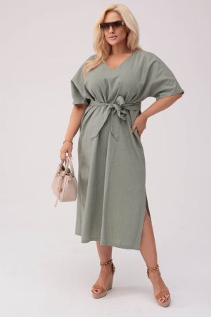 Sukienka Lenora w kolorze old green - Elegancja w naturalnym stylu PLUS SIZE OVERSIZE XXL.