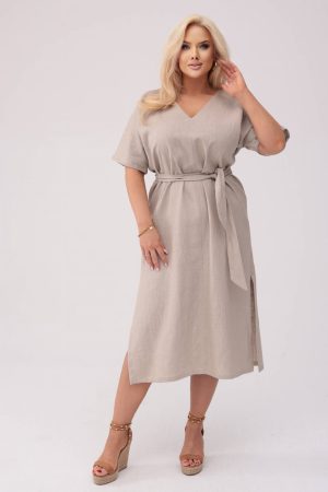 Sukienka Lenora w kolorze naturalnego lnu - Elegancja w naturalnym stylu PLUS SIZE OVERSIZE XXL.