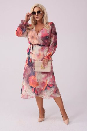 Szyfonowa kopertowa sukienka Mia w odcieniach beżu i pomarańczu PLUS SIZE XXL WIOSNA.