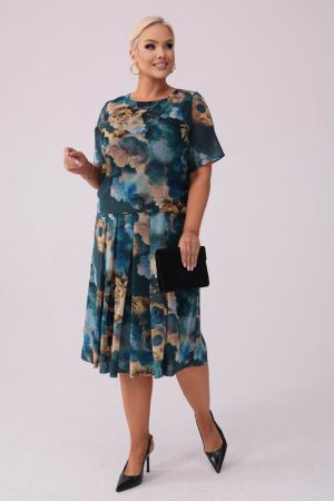 Szyfonowa sukienka Margerita w odcieniach granatu i beżu kontrafałdy PLUS SIZE XXL WIOSNA.