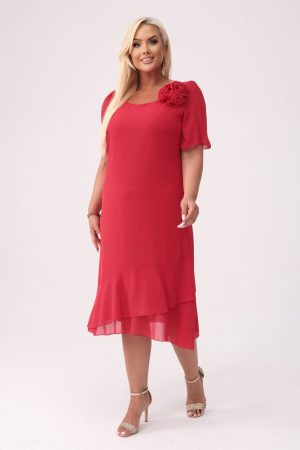 Elegancka szyfonowa czerwona sukienka Maria z falbankami na wesele PLUS SIZE XXL.