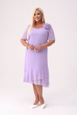 Elegancka szyfonowa lawendowa sukienka Maria z falbankami na wesele PLUS SIZE XXL.