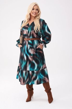 Elegancka sukienka Selena z falbaną o długości MIDI PLUS SIZE XXL OVERSIZE.
