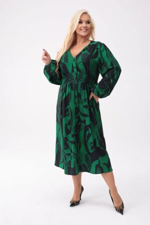 Zielona sukienka Gabriela - elegancja w nowoczesnej formie w geometryczny wzór PLUS SIZE XXL OVERSIZE.