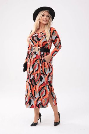 Elegancka sukienka Mira - Ognista Abstrakcja o długości MIDI PLUS SIZE XXL OVERSIZE.