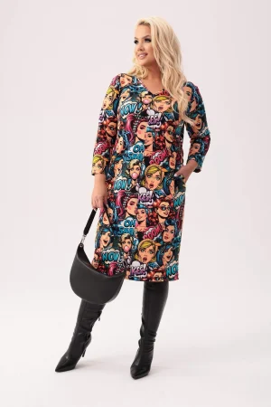 Dresowa sukienka Pop Art w komiksowy print - wyrazista i stylowa PLUS SIZE XXL.