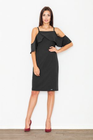 Elegancka Czarna Sukienka Mini z Falbanką przy Dekolcie.