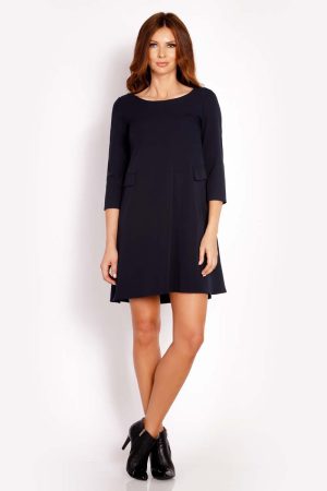 Granatowa Sukienka Mini z Patkami Imitującymi Kieszenie.