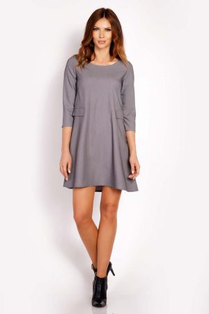 Szara Sukienka Mini z Patkami Imitującymi Kieszenie.