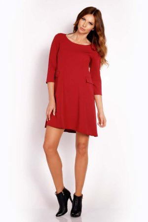 Bordo Sukienka Mini z Patkami Imitującymi Kieszenie.